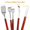 4 Pcs BBQ Tools Set Stainless Steel w/ Wooden Handles Barbecue Outdoor Utensils Grill Accessories Including Spatula Fork Knife Tongs